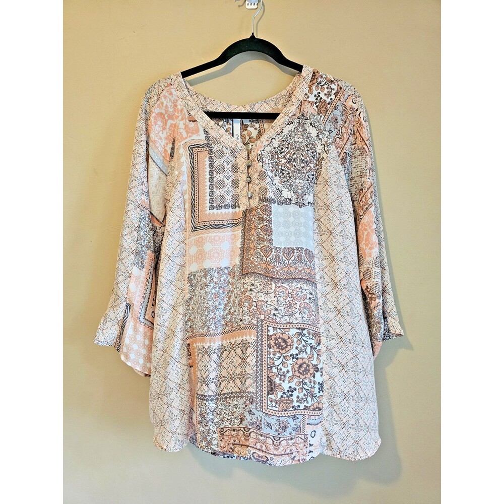 Blouse Women's Medium Sheer V-Neck Long Sleeve Printed Top-NY Collection
